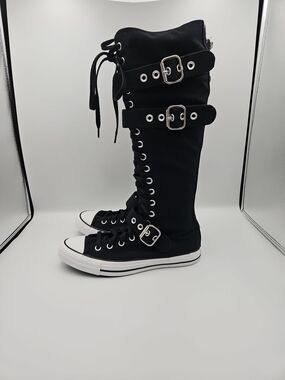 Converse Black Knee-High Lace-Up Boots with White Rubber Toe